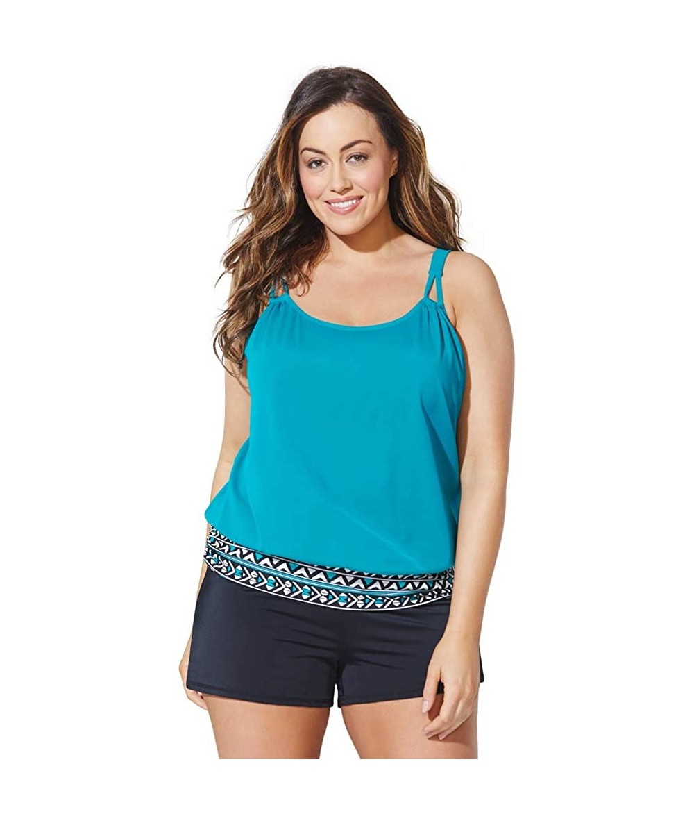 One-Pieces Women's Plus Size Loop Strap Blouson Tankini Set with Banded Short - Luxe - CH18OL0973W $86.73