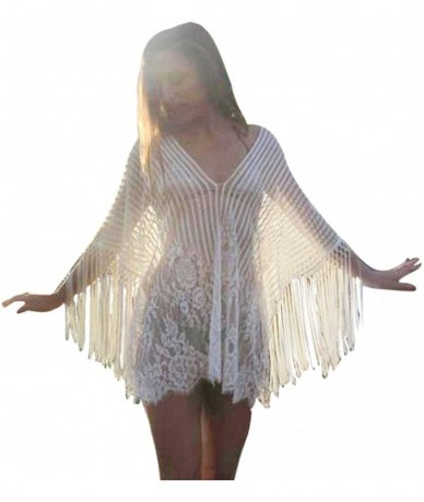 Cover-Ups Women Fringed Beach Cover Up- Lady Deep V Bathing Bikini Crochet Smock Swimsuit Bikini Beachwear - White - C018NK6G...