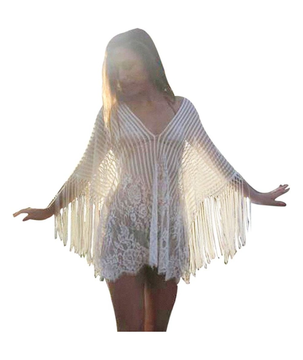 Cover-Ups Women Fringed Beach Cover Up- Lady Deep V Bathing Bikini Crochet Smock Swimsuit Bikini Beachwear - White - C018NK6G...