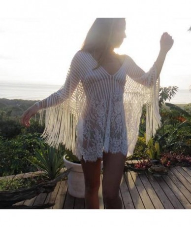 Cover-Ups Women Fringed Beach Cover Up- Lady Deep V Bathing Bikini Crochet Smock Swimsuit Bikini Beachwear - White - C018NK6G...