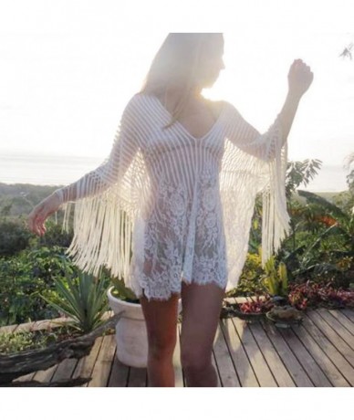 Cover-Ups Women Fringed Beach Cover Up- Lady Deep V Bathing Bikini Crochet Smock Swimsuit Bikini Beachwear - White - C018NK6G...