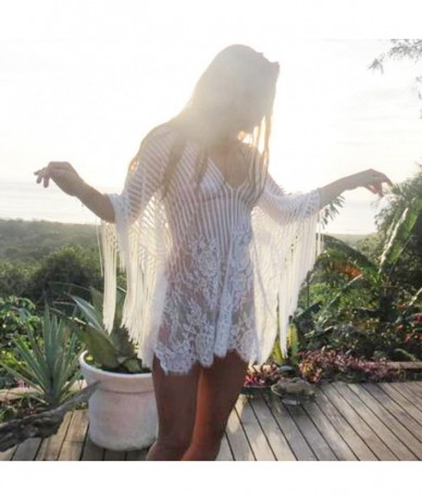 Cover-Ups Women Fringed Beach Cover Up- Lady Deep V Bathing Bikini Crochet Smock Swimsuit Bikini Beachwear - White - C018NK6G...