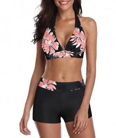 Racing Women's Two Piece Swimsuit Halter Printed Top with Boyshort Bottoms Fashion Bathing Suit - Pink Flower - CZ198S6U994 $...