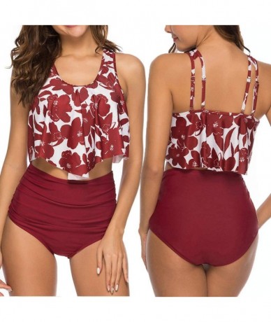 Sets Sexy Womens Swimsuit Push-Up Padded Bra Print Bathing Swimwear - G-winered - CJ19DSNIAR3 $25.09