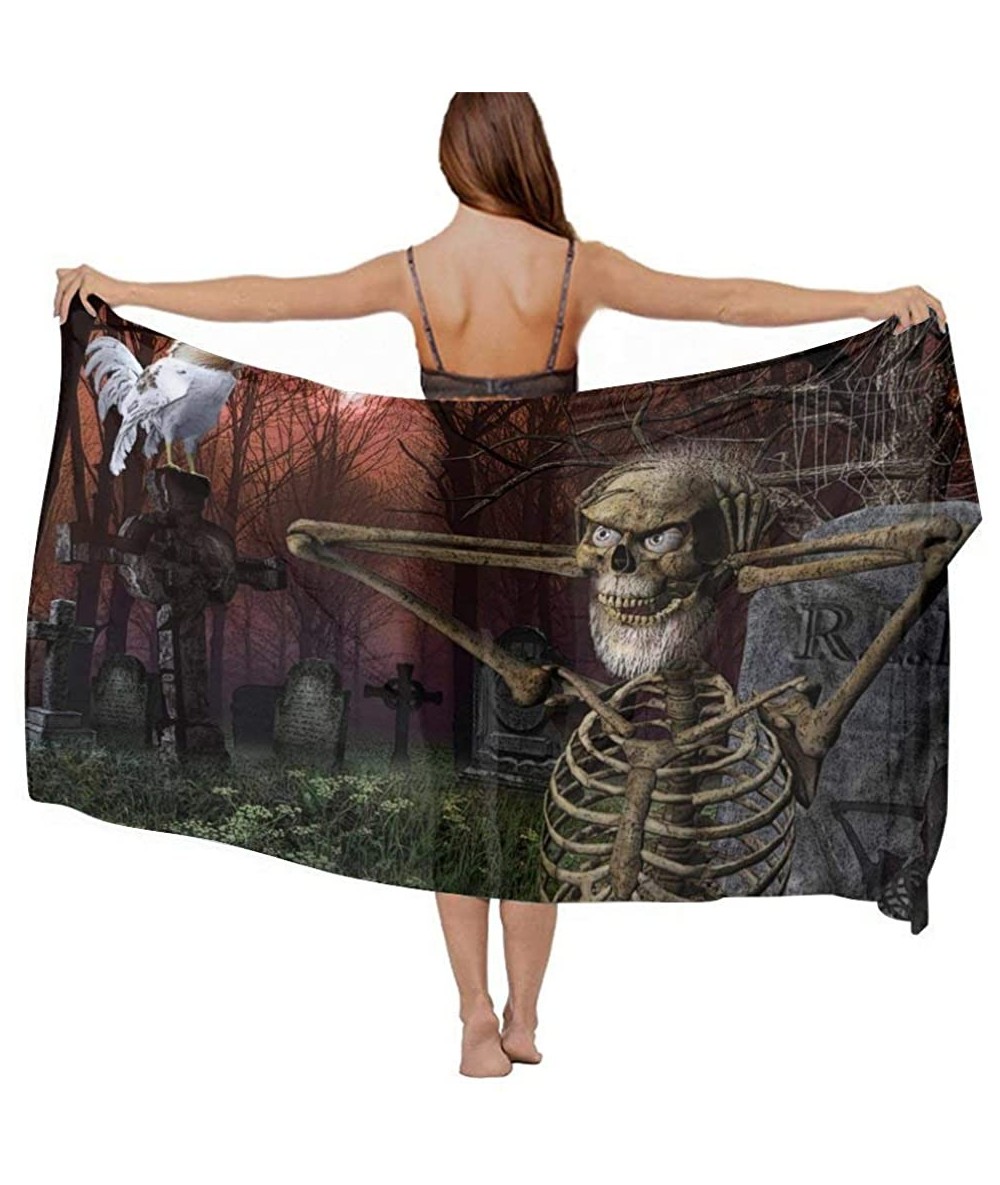 Cover-Ups Women Chiffon Scarf Shawl Wrap Sunscreen Beach Swimsuit Bikini Cover Up - Halloween Funny Skeleton Skull Rooster - ...