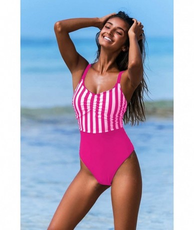 Racing Womens Athletic One Piece Swimsuits Tummy Control Sport Bathing Suit Retro High Cut Swimwear - Rose Pink Swimwear - CI...