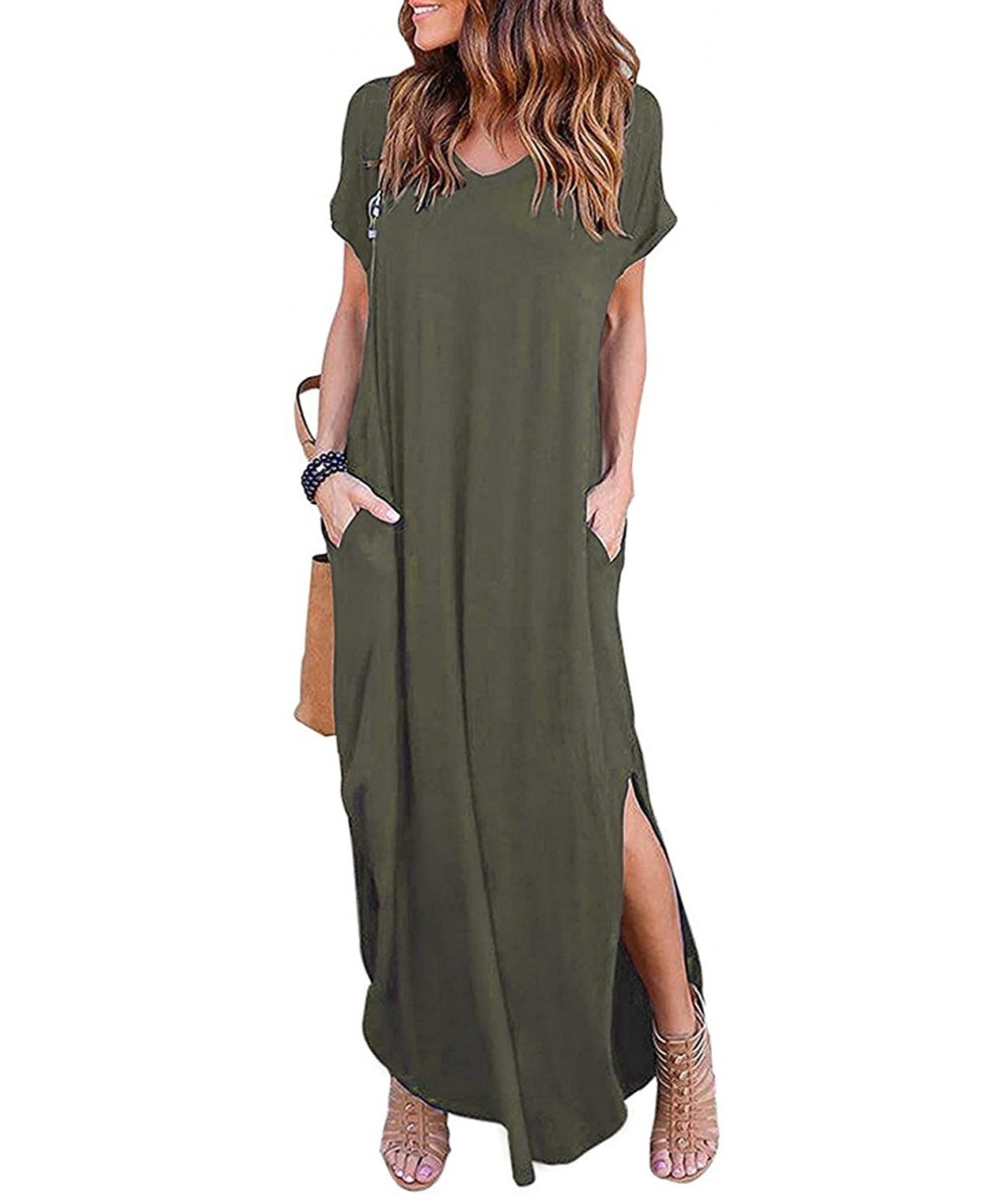 Cover-Ups Women Maxi Dress Short Sleeve Side Split Loose Casual Summer Long Dress - Army Green - CS18X9HL0LD $60.33