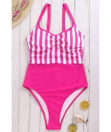 Racing Womens Athletic One Piece Swimsuits Tummy Control Sport Bathing Suit Retro High Cut Swimwear - Rose Pink Swimwear - CI...