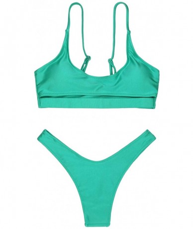 Sets Women's Sexy Scoop Neck Cutout Strappy Cheeky Bottom Bikini Sets 2PCS Swimsuits - Green - CU18EATKOQ4 $40.41