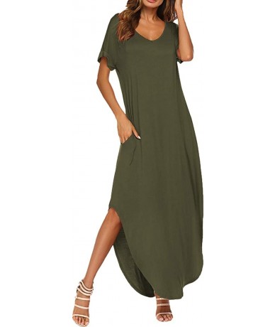 Cover-Ups Women Maxi Dress Short Sleeve Side Split Loose Casual Summer Long Dress - Army Green - CS18X9HL0LD $60.33