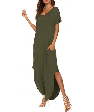 Cover-Ups Women Maxi Dress Short Sleeve Side Split Loose Casual Summer Long Dress - Army Green - CS18X9HL0LD $60.33