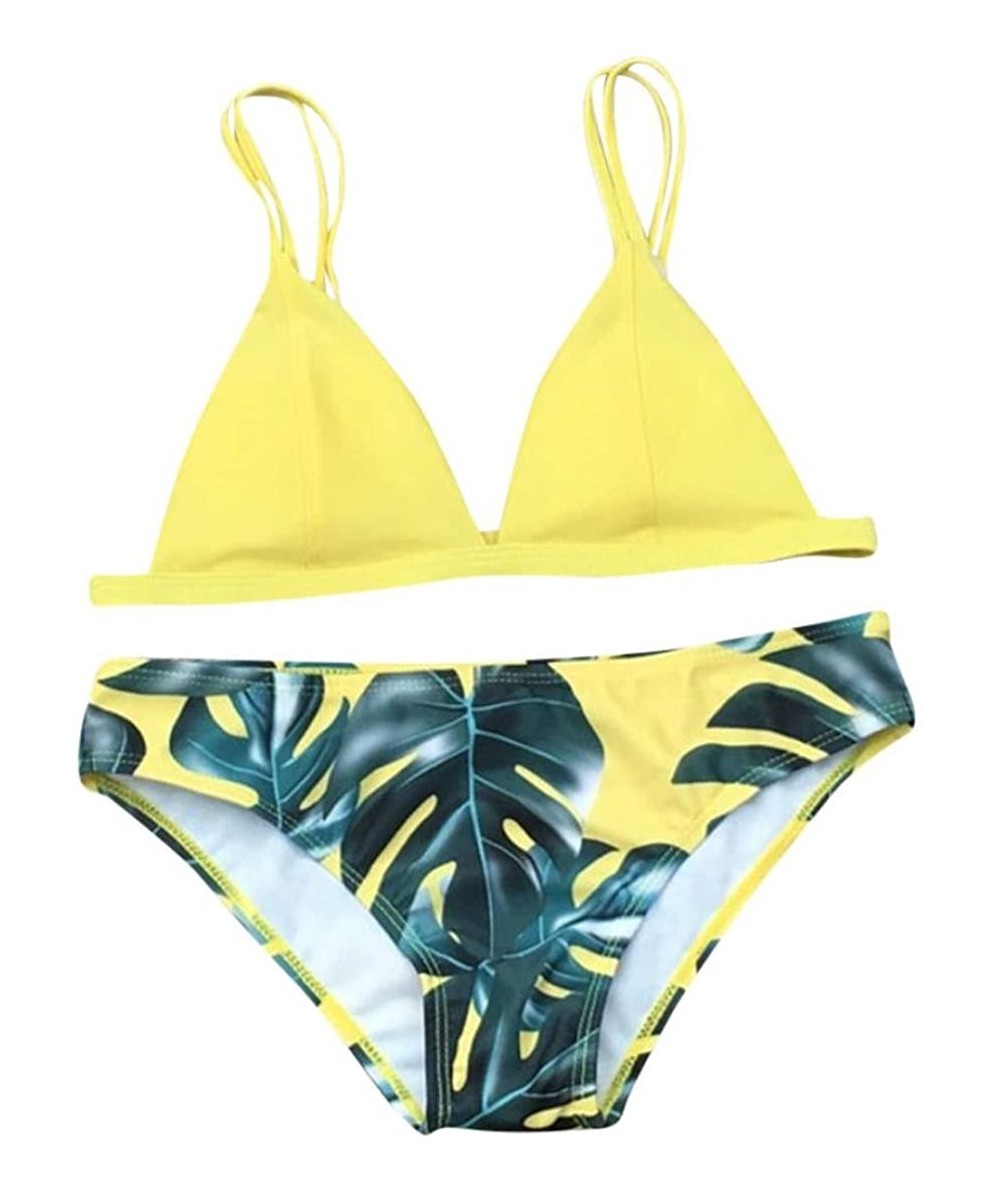 Sets Women's Bikini Set Leaves Printing Swimsuit Push-up Swimwear Bathing Suit - Yellow - CR189N3NUOW $19.88