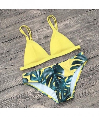 Sets Women's Bikini Set Leaves Printing Swimsuit Push-up Swimwear Bathing Suit - Yellow - CR189N3NUOW $19.88