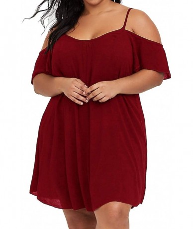 Cover-Ups Womens Plus Size Swimwear Cover Ups Swimsuit Cold Shoulder Bathing Suits Beach Dress Swimdress - Wine Red - CQ18QYQ...