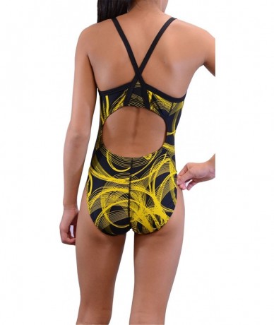 Racing Girl's/Women's Pro One Piece Thin Strap Athletic Swimsuit - Black/Yellow - CN1297ERWE3 $44.21