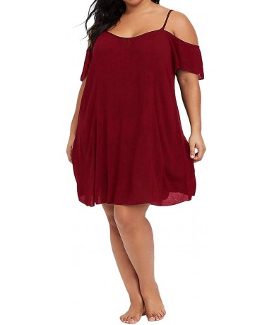 Cover-Ups Womens Plus Size Swimwear Cover Ups Swimsuit Cold Shoulder Bathing Suits Beach Dress Swimdress - Wine Red - CQ18QYQ...