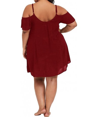 Cover-Ups Womens Plus Size Swimwear Cover Ups Swimsuit Cold Shoulder Bathing Suits Beach Dress Swimdress - Wine Red - CQ18QYQ...