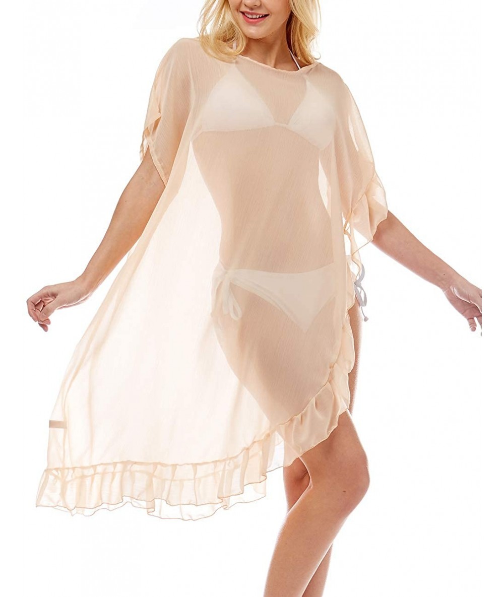 Cover-Ups Women's Summer Half Ruffled Chiffon Bikini Beach Cover Up Sheer Lace Bathing Suit Beachwear Long Dress. Solid Beige...