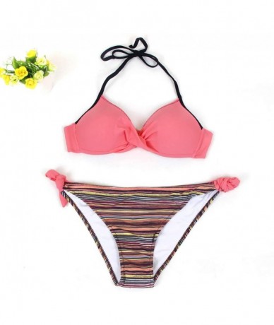 Sets Women's Swimsuit Halter Halter Strap Solid Print Bikini Set(S-Watermelon Red-XL) - S-watermelon Red - CF196U7R4UW $24.80