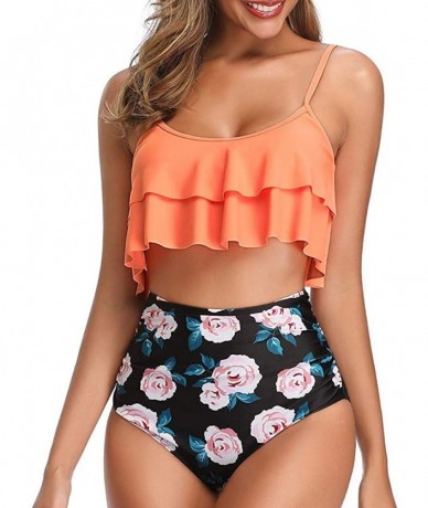 Bottoms Swimsuit for Women Two Pieces Top Ruffled Backless Racerback with High Waisted Bottom Tankini Set - I-pink - CN194WST...