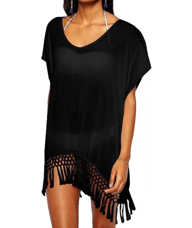 Cover-Ups Women's Tassel Chiffon Beach Bikini Bathing Suit Cover Up - Black - C818CK4NAG9 $27.87