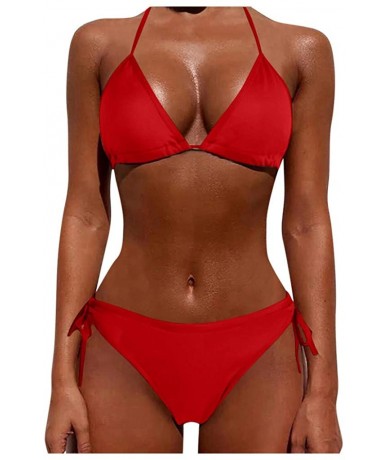 Board Shorts Women Tie Side Bottom Padded Top Triangle Bikini String Beach Bathing Suit Two Piece Swimsuit - Red - CI196OYKS6...