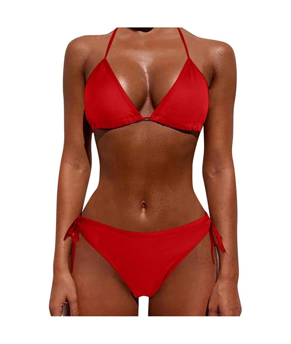 Board Shorts Women Tie Side Bottom Padded Top Triangle Bikini String Beach Bathing Suit Two Piece Swimsuit - Red - CI196OYKS6...