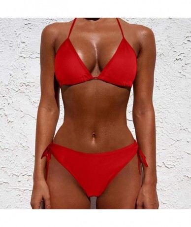 Board Shorts Women Tie Side Bottom Padded Top Triangle Bikini String Beach Bathing Suit Two Piece Swimsuit - Red - CI196OYKS6...