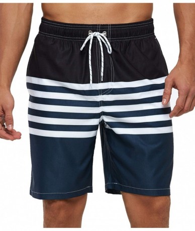 Trunks Mens Swim Trunks Quick Dry Beach Swimwear with Mesh Lining - Striped_black/Navy/White - CB19C45XQEO $41.19