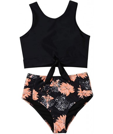 Sets Womens 2 Piece Tankini Swimsuits Floral Stripes Bathing Suit Tops Swimwear - Style3-black+flowers - CK19D5Q7ORS $24.98