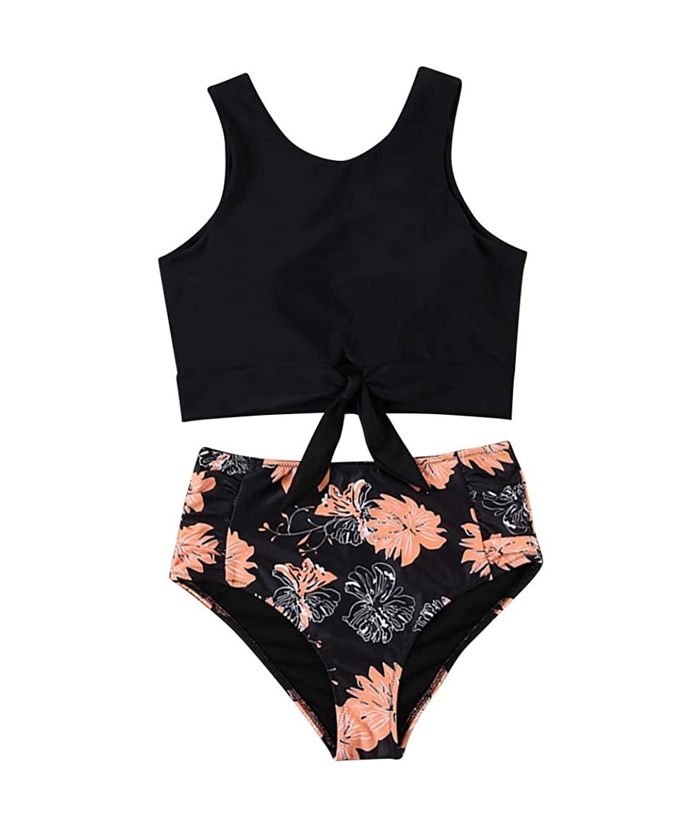 Sets Womens 2 Piece Tankini Swimsuits Floral Stripes Bathing Suit Tops Swimwear - Style3-black+flowers - CK19D5Q7ORS $24.98