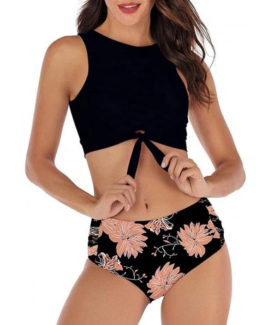 Sets Womens 2 Piece Tankini Swimsuits Floral Stripes Bathing Suit Tops Swimwear - Style3-black+flowers - CK19D5Q7ORS $24.98