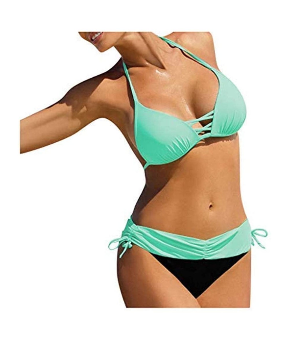 Racing Women's Swimsuit Halter Halter Strap Solid Print Bikini Set(A4-Green-S) - A4-green - CA196UG996X $24.85