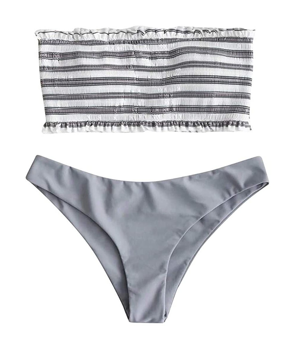 Racing Women's Two Piece Stripe Strapless High Cut Bandeau Bikini Set Swimsuit 2 Piece - Gray - CE18O5CA5EU $27.91