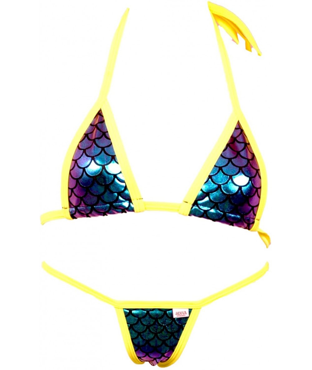 Sets Scale Triangle Bikini Top and Thong Panty (Iridescent Scale Sexy Bikini) - Neon Yellow - CO18D99L84M $33.02