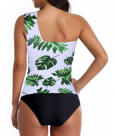 Tankinis Women Tankini Ruched One Shoulder Tummy Control Top High Neck Swimsuits - White-green Leaf - CG1947IWAK8 $58.33