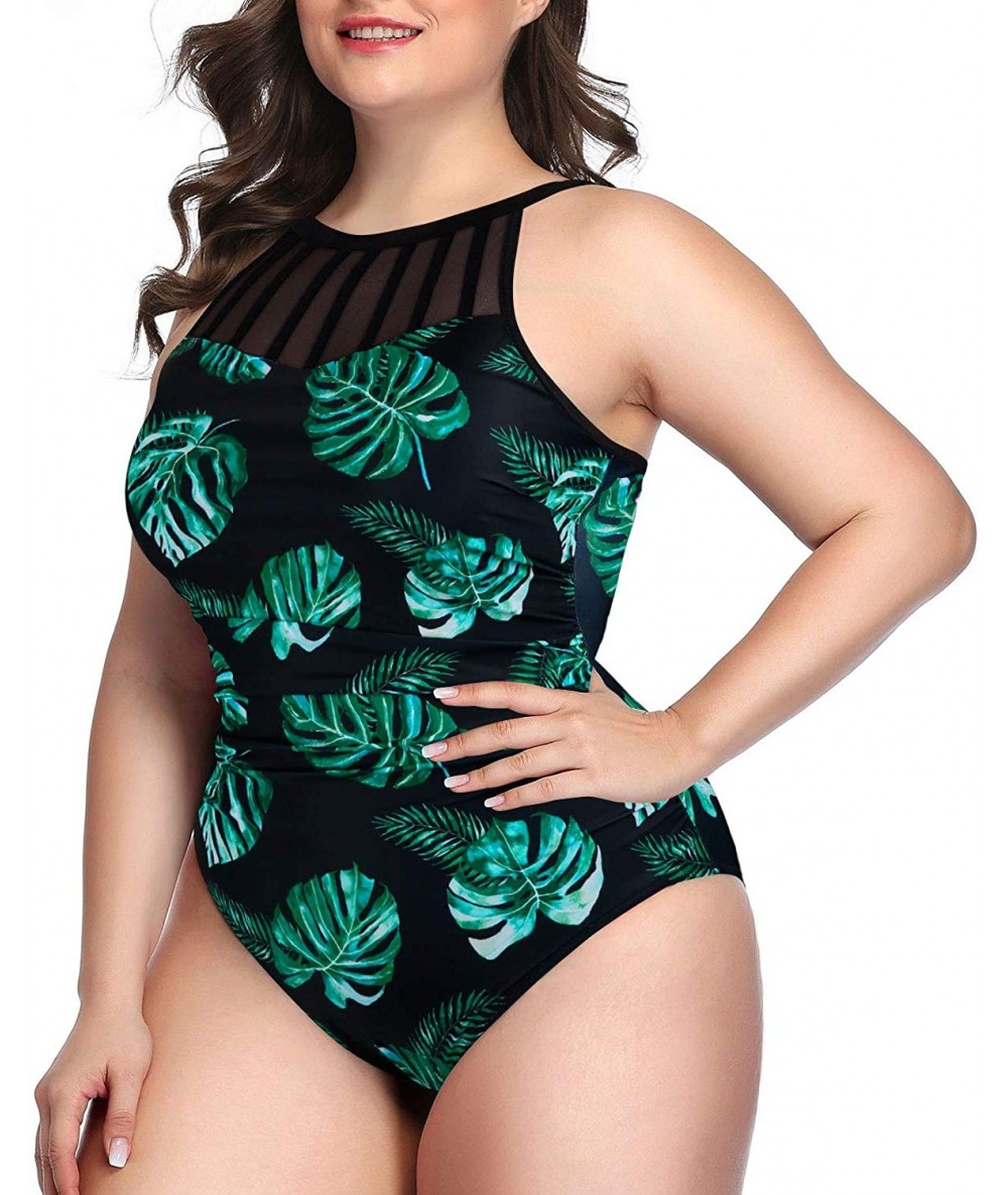 One-Pieces Women Plus Size One Piece Bathing Suits Ruched Tummy Control Swimsuit High Neck Mesh Swimwear - Green Floral - C51...