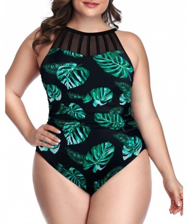 One-Pieces Women Plus Size One Piece Bathing Suits Ruched Tummy Control Swimsuit High Neck Mesh Swimwear - Green Floral - C51...