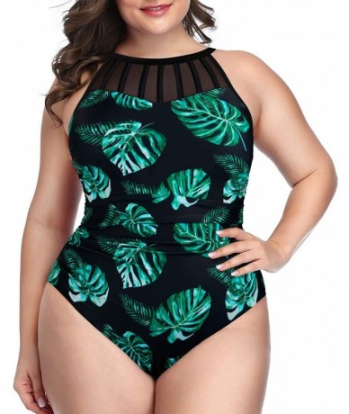 One-Pieces Women Plus Size One Piece Bathing Suits Ruched Tummy Control Swimsuit High Neck Mesh Swimwear - Green Floral - C51...