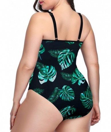 One-Pieces Women Plus Size One Piece Bathing Suits Ruched Tummy Control Swimsuit High Neck Mesh Swimwear - Green Floral - C51...