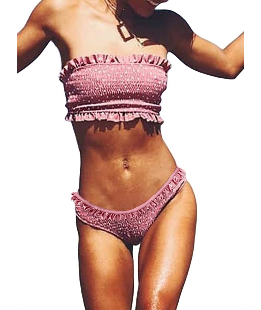 Sets Women Cute High Waist Strapless Smocked Bikini Sets Swimsuit Bathing Suit - E Pink - CJ18T85OYQ6 $45.98