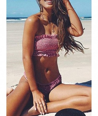 Sets Women Cute High Waist Strapless Smocked Bikini Sets Swimsuit Bathing Suit - E Pink - CJ18T85OYQ6 $45.98