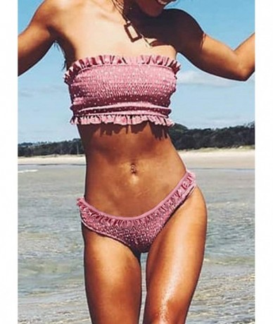 Sets Women Cute High Waist Strapless Smocked Bikini Sets Swimsuit Bathing Suit - E Pink - CJ18T85OYQ6 $45.98