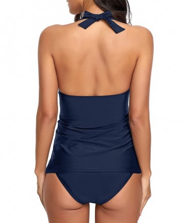 Sets Women's Halter Two Pieces Swimsuit V Neck Panel Open Back Tankini Set - Navy Blue - CS18QSI8GZH $51.31