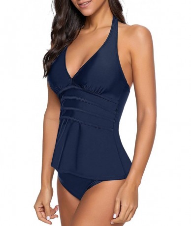 Sets Women's Halter Two Pieces Swimsuit V Neck Panel Open Back Tankini Set - Navy Blue - CS18QSI8GZH $51.31