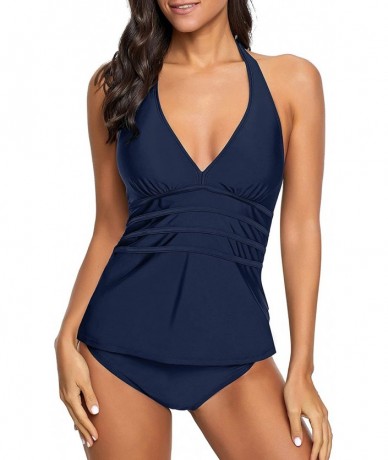 Sets Women's Halter Two Pieces Swimsuit V Neck Panel Open Back Tankini Set - Navy Blue - CS18QSI8GZH $51.31