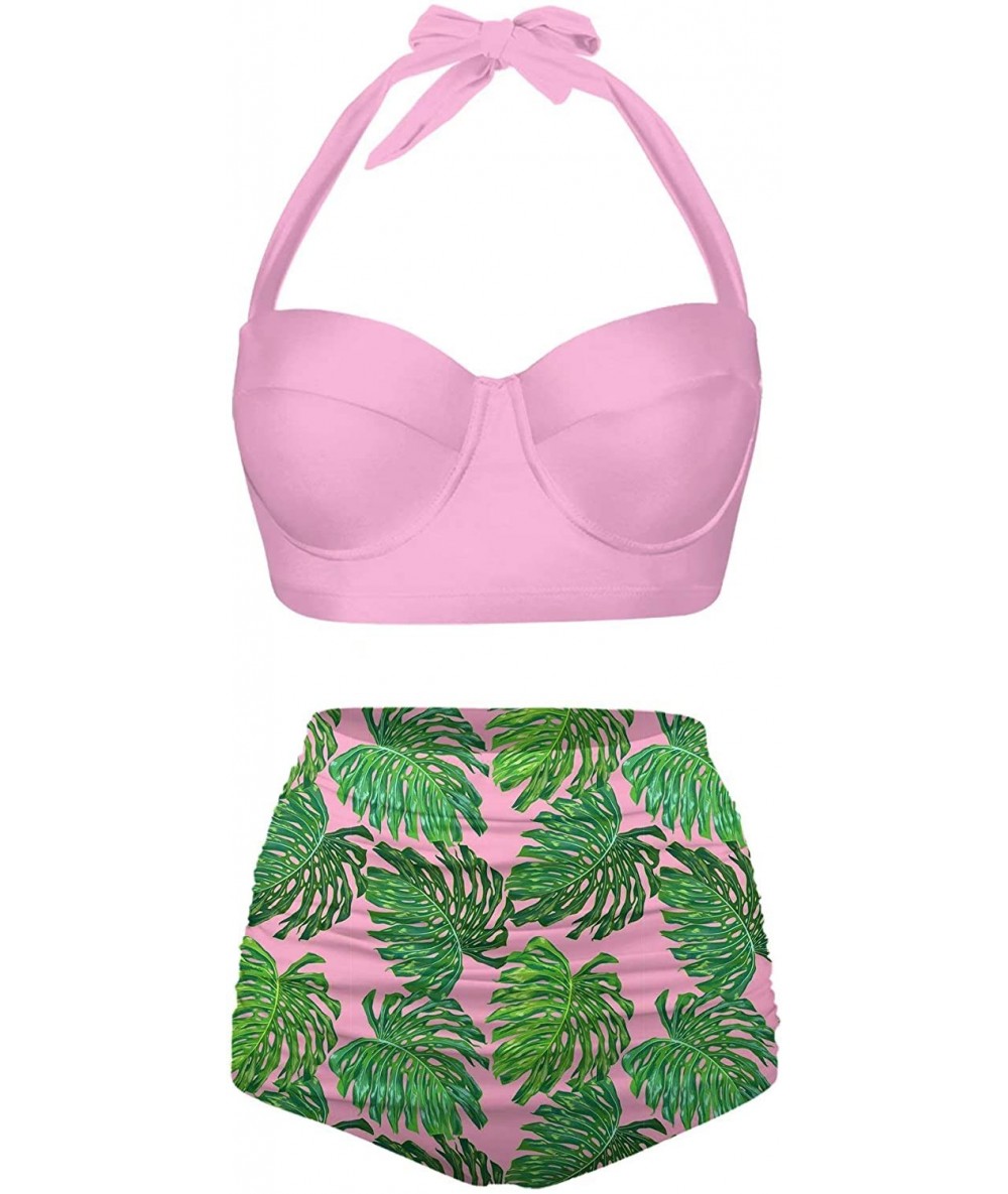 Sets Classic Summer HalterTropical Monstera Leaf Seamless Pattern Bikini Set - Pink-2 - CV196N4L2ZG $65.79