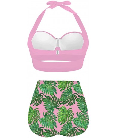 Sets Classic Summer HalterTropical Monstera Leaf Seamless Pattern Bikini Set - Pink-2 - CV196N4L2ZG $65.79