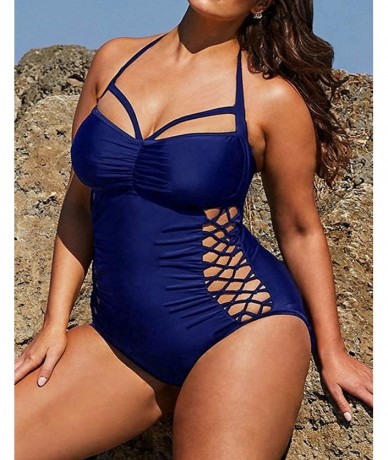 One-Pieces Womens Plus Size One Piece Swimwear Cut Out Sexy Swimsuit Halter Lace Up Bathing Suits Monokini - Blue - CE18QX49Z...