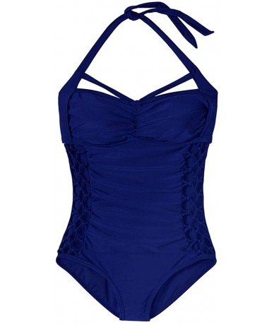 One-Pieces Womens Plus Size One Piece Swimwear Cut Out Sexy Swimsuit Halter Lace Up Bathing Suits Monokini - Blue - CE18QX49Z...